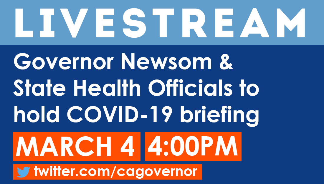 CAgovernor's tweet photo. Governor @GavinNewsom and state health officials will hold a press briefing on the stateβs response to COVID-19 today at the State Capitol.
Watch live here @ 4:00 PM. https://t.co/VPWCGfOIEy