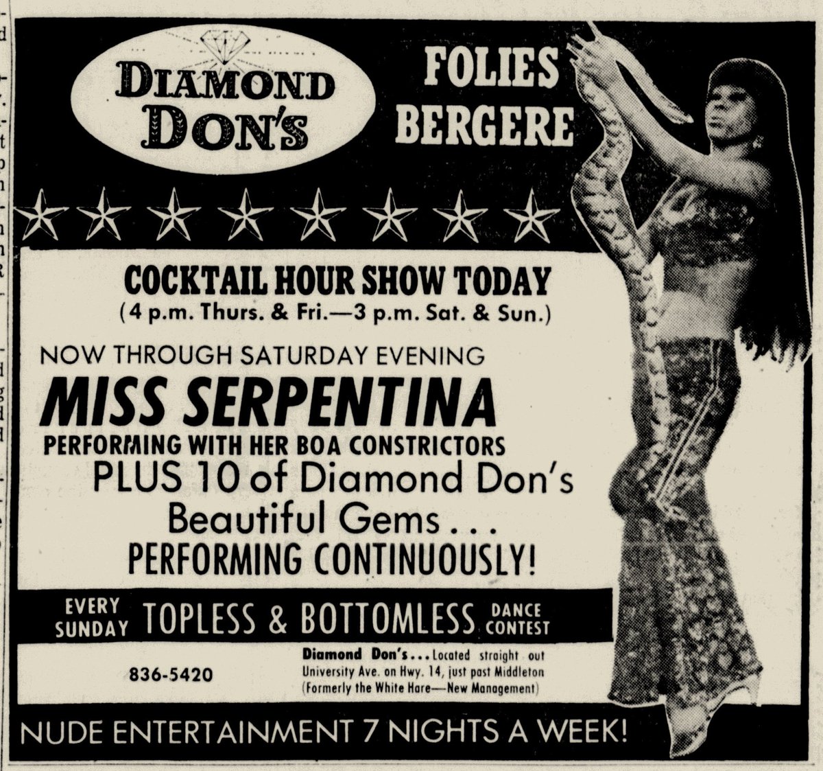 SleazyMadison's tweet photo. Now Through Saturday Evening — MISS SERPENTINA Performing With Her Boa Constrictors! PLUS 10 of Diamond Don’s Beautiful Gems... PERFORMING CONTINUOUSLY! 💃🏻 🐍 Published Mar. 4, 1972. https://t.co/pyuLb4AGNd