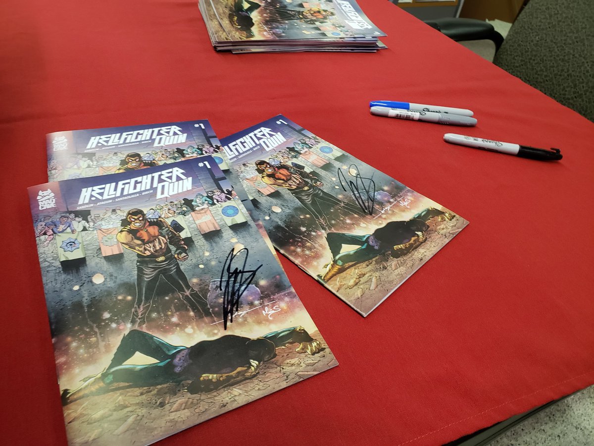 Our live signing event with @JaySandlin_WHN and <a href="/MadCaveStudios/">Mad Cave Studios</a>  is starting! Come grab your copy of Hellfighter Quin!