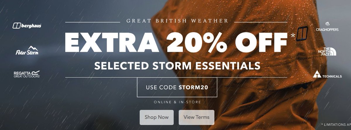 25% off everything in Millets and 20% extra off selected lines.

Some great bargains if you need any outdoor gear!

millets.co.uk/offers/special…