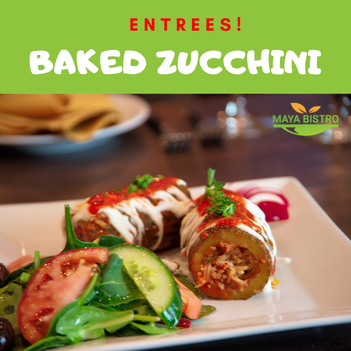 BistroMaya's tweet photo. Baked Zucchini | Stuffed zucchini with ground beef, rice, onions, and garlic, topped with tomato-yogurt sauce. Served with mix greens.

Do yourself a favor and visit us today! ⠀
Taste our food and get the real flavors of the Mediterranean cuisine. 

#turkishfood #mayabistro https://t.co/B4o0fciClV
