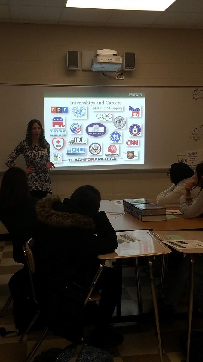 Thank you to Emelia from <a href="/jmcmsu/">James Madison</a> for visiting with our AP Gov. classes today. Students asked great college related questions and learned about potential internship/career opportunities the college offers. Go Green! <a href="/DearbornSchools/">Communication Office</a>