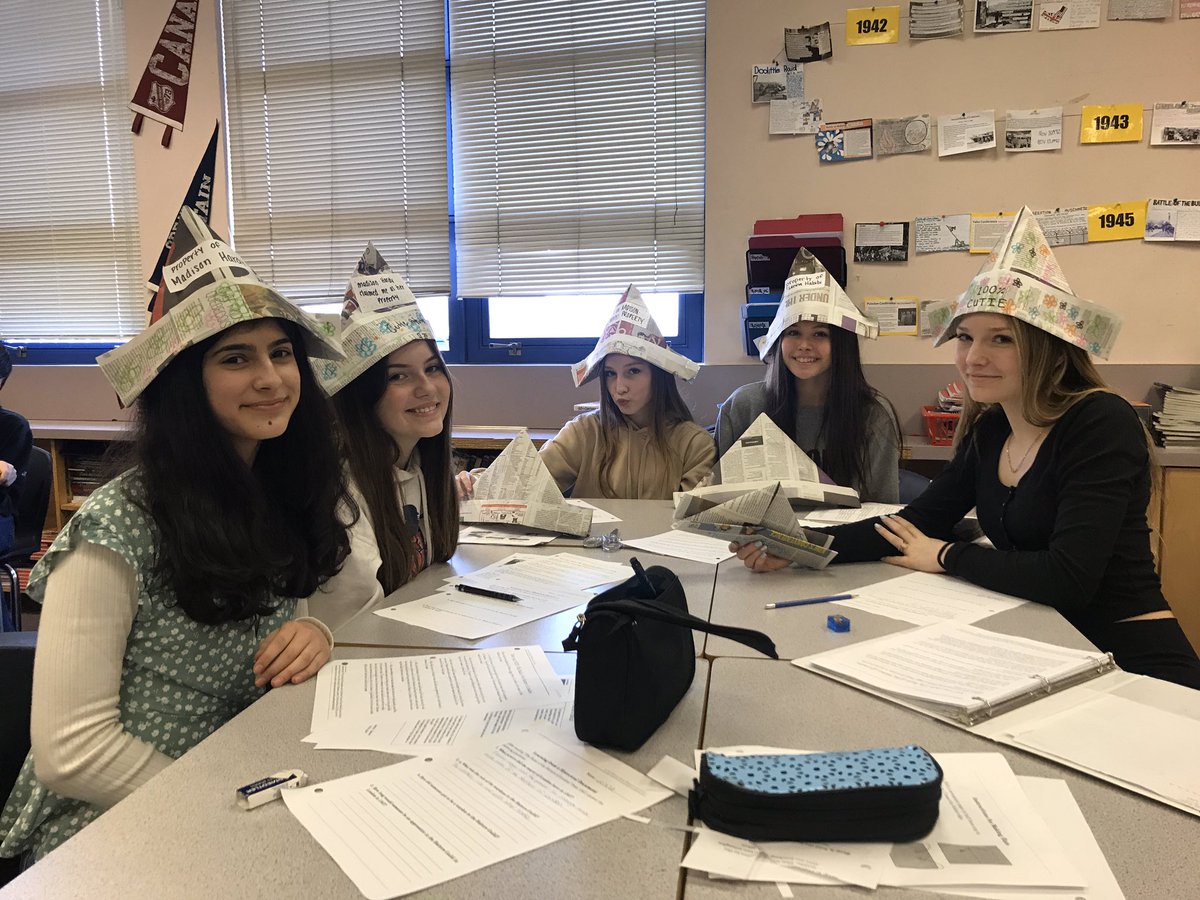 MudgeTeaches's tweet photo. My little apprentices practice their skills in hopes of joining the Hatter’s Guild! (Sorry for breaking the school #nohat rule, @mmeplayer &amp; @mrsmaion, but there’s learning to be done!) #hum8 #middleages #guilds #paperhats #thinkinghatson #ltslearns #sd36learn https://t.co/hNfnZE7wgs