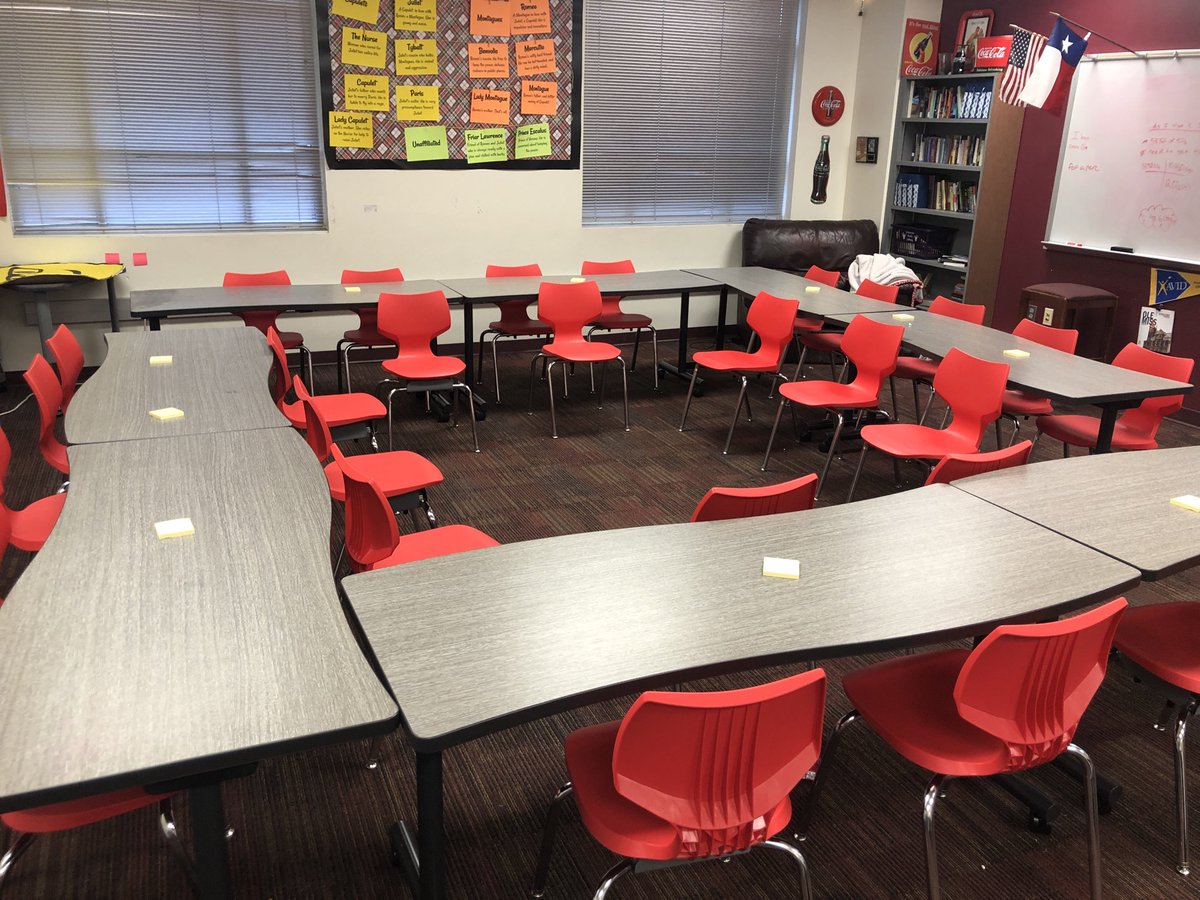 Excited for tomorrow’s Romeo and Juliet Socratic Seminar! Who’s most at fault for their deaths? What are their tragic flaws? Find out tomorrow! And a special thank you to ⁦@MannClass⁩ for the Socratic Seminar friendly long tables 👍 ⁦<a href="/CHPantherPride/">Colleyville Heritage</a>⁩ ⁦#WICOR