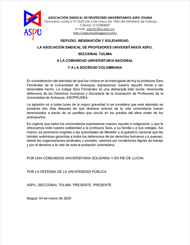 AspuTolima's tweet photo. Compartimos el ponunciamiento sobre el atentado de que fue victima la Profesora Sara Fernández https://t.co/iIHdjSzrXk