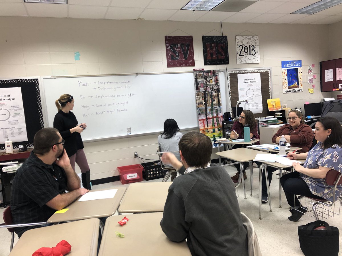 CBGBuchanan's tweet photo. ELA teachers @SVHSJefcoed and @irondalems are collaborating during a vertical team meeting. @MsFraleyIMS shares about IMS’s ELA PDSA cycle. #ReadWriteTalkDo @JEFCOED https://t.co/droUGoeOlH