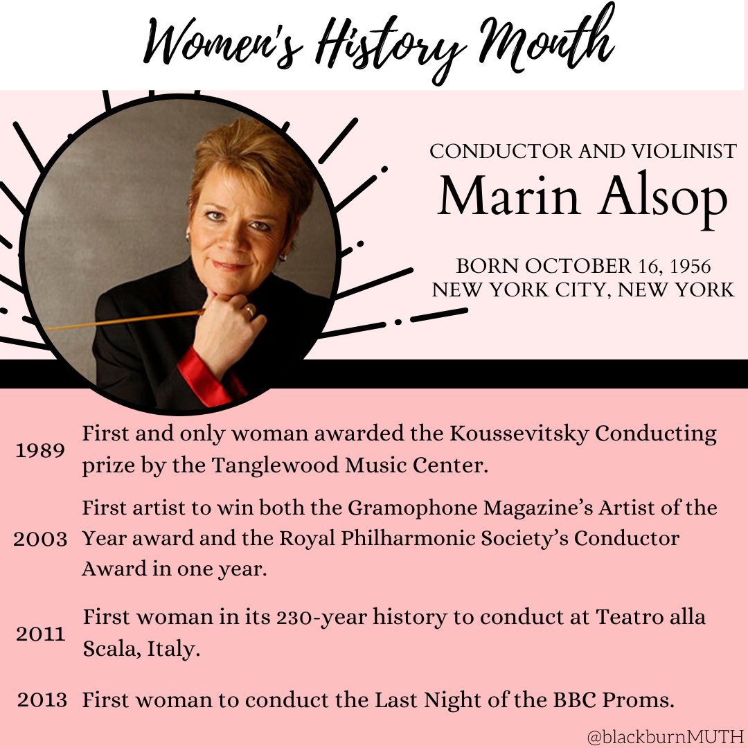 blackburnMUTH's tweet photo. Happy #womenshistorymonth ! This week we are highlighting conductor and violinist @marinalsop ; who truly is a woman of firsts! To learn more about Marin Alsop check out our facebook page! https://t.co/fbzx3AHs63