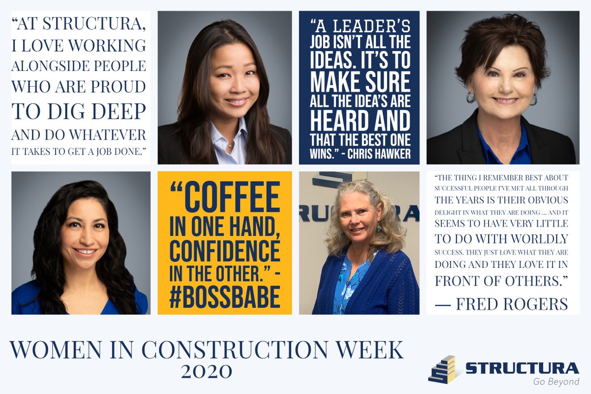 StructuraGC's tweet image. Happy Women in Construction Week! Structura, Inc. is proud to celebrate the women that make up our team. Follow along this week as we feature quotes and thoughts from the women that make up our @StructuraGC family! #WICWeek2020 #WomenInConstructionWeek