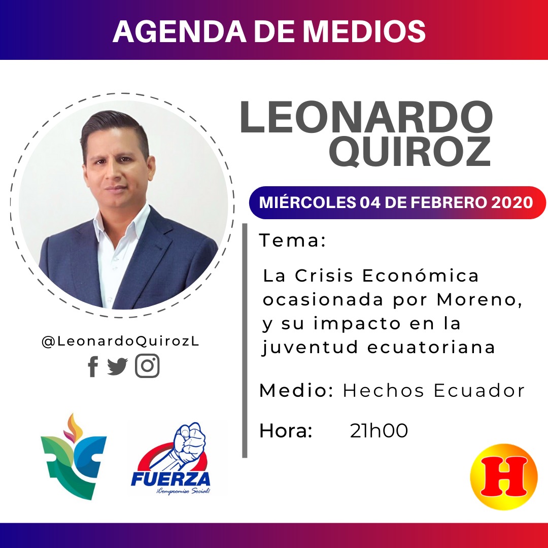 LeonardoQuirozL's tweet photo. #IdeasConPoder | #Agéndalo 📌
Acompáñame en la entrevista con Hechos Ecuador: "La Crisis Económica ocasionada por Moreno, y su impacto en la juventud ecuatoriana"
#Jóvenes #Ideas #Revolución #BatallaDeLasIdeas
@CompromisoRC @MashiRafael @Hechostvecuador https://t.co/BYNRkMYL86