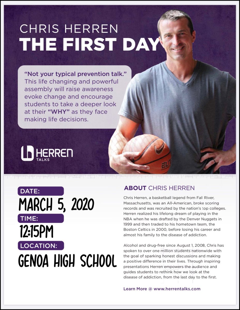 GenoaSports's tweet photo. We are HONORED to have former NBA player Chris Herren speak at Genoa High School tomorrow (Thursday) about his personal story, and the effects of addiction, substance abuse, peer pressure, and bullying. Students - WEAR PURPLE TOMORROW! https://t.co/qUQehg8Iy8