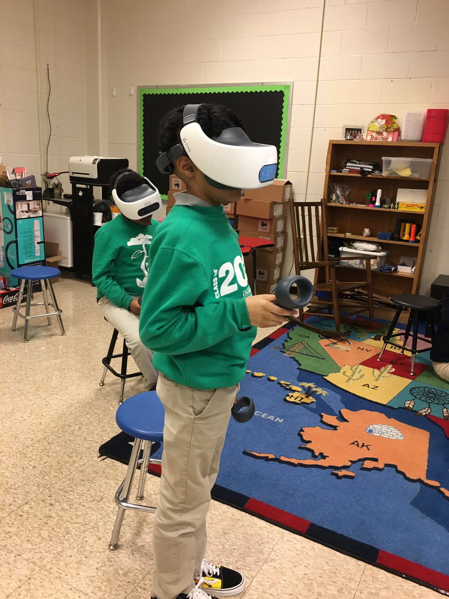 BaumerPES's tweet photo. Fifth grade Ss took a leap into VR today! We got oriented with headsets, and practiced #JCPSBackpack defenses using Virtual Speech. It was all hands on deck with @perkinsmomof4 @WattsClass and @shannon1_putman #JCPSDigIn #PortlandGrows https://t.co/aqKo5XQniZ