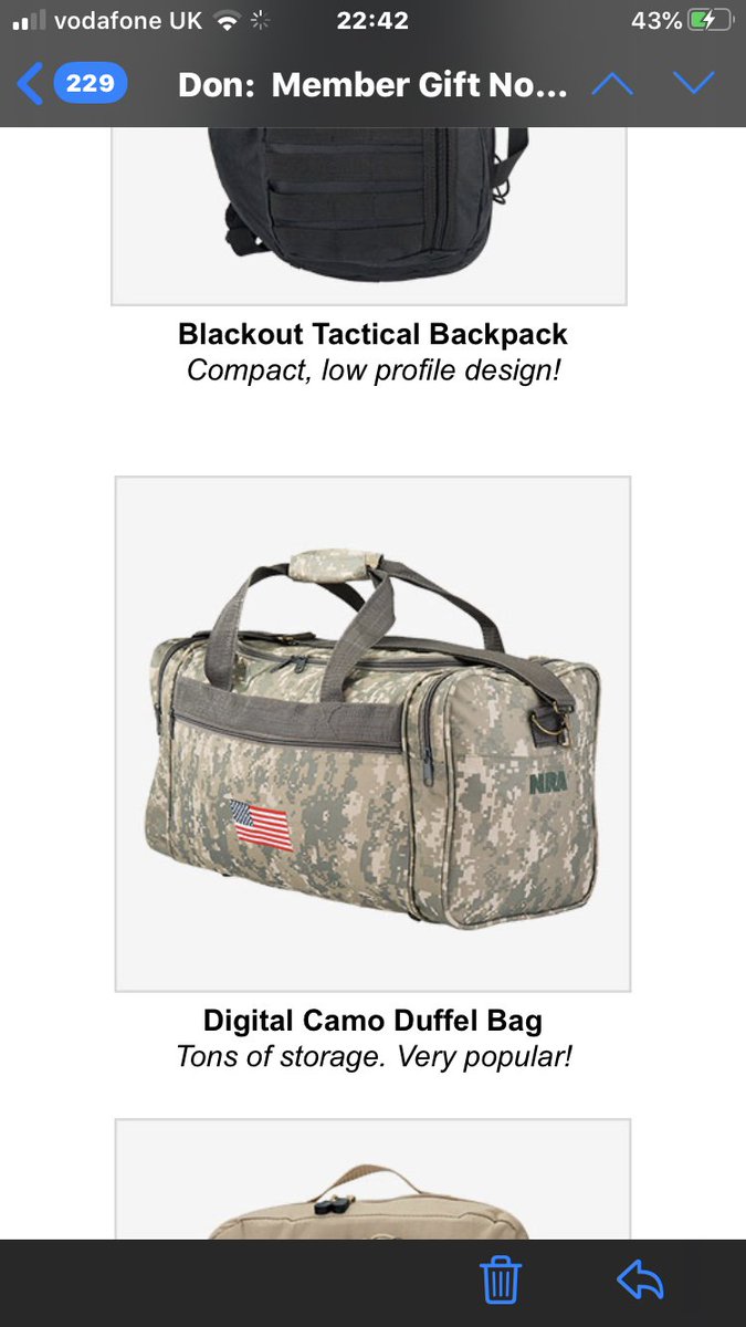 hearasingle's tweet photo. NRA emailing me daily, I have no idea why. I live in the UK. I am rabid anti gun. But forget all that, look at the free gift that I could get for joining. #nra #camoisforbreiteers #ruinoftheusa #notmakingamericagreat https://t.co/FrZyX5g2ym