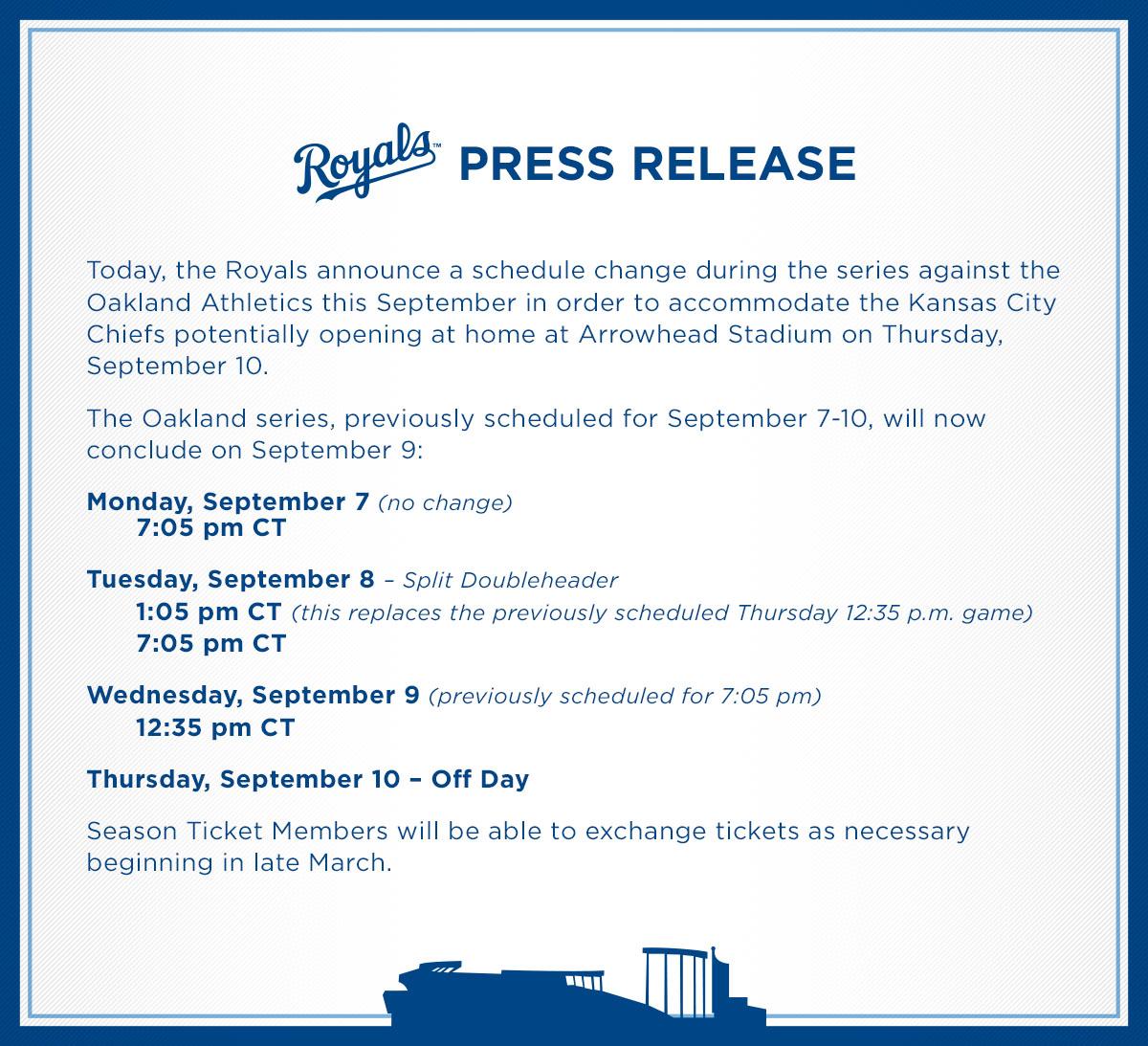 Royals's tweet photo. Please note the following Oakland A's-#Royals game date changes in September. https://t.co/0jEKSG2lqX