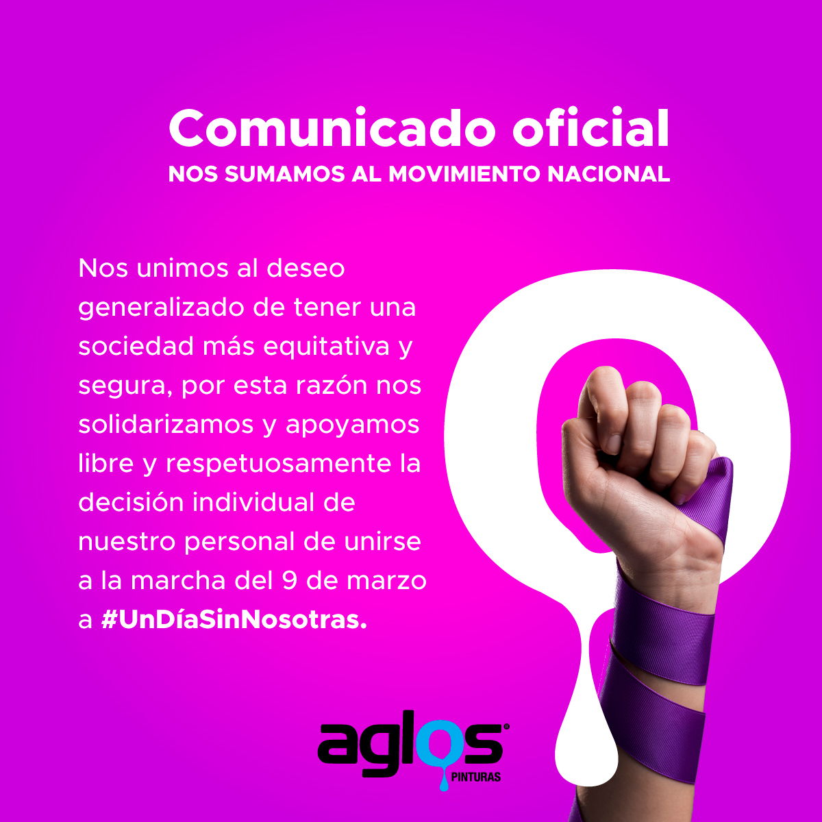 Aglospinturas's tweet photo. Nos sumamos al movimiento y te invitamos a buscar soluciones para formar una sociedad más equitativa y segura.

#UnDíaSinNosotras#PinturasAglos#Aglos#Pinturas#Esmaltes#Impermeabilizantes https://t.co/Beh7tBvyOo