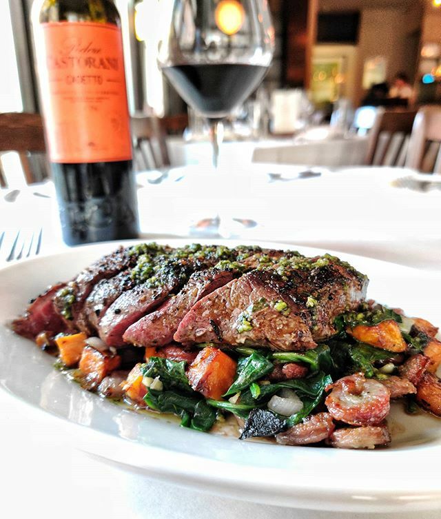WitherspoonGril's tweet photo. Flat Iron with sweet potatoes, provolone stuffed sausage and arugula pesto. This hearty flavorful dish pairs ever so nicely with our 2016 Cadetto Montepulciano boasting flavors of dark fruit, oak and tobacco. Cheers! 🥩🍷 https://t.co/ir9RTgyRZR https://t.co/yxU9g97TgI