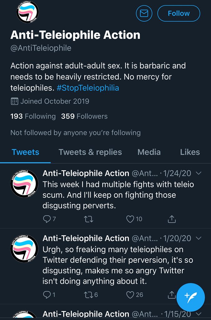 ReportAllMAPs's tweet photo. I’m almost positive this is one of those smug “showing anti’s hypocracy through a parody account” accounts. Block and report @/AntiTeleiophile, don’t give them attention. #antimap #nomap #CLpara #NHpara #antipedo #DeplatformPredators #DeplatformPedophiles https://t.co/e208STat3A