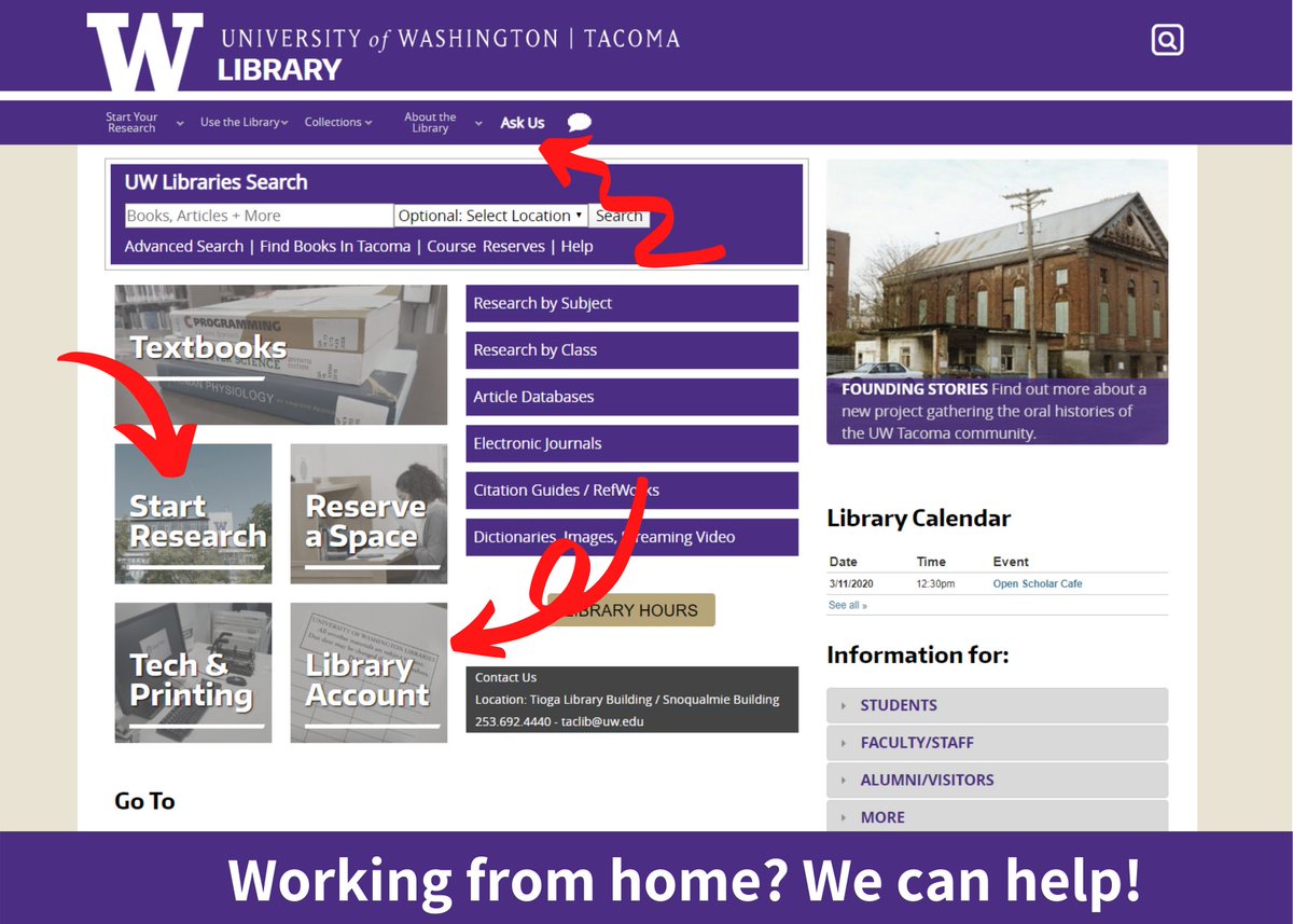UWTLibrary's tweet photo. Working from off campus? We can help! The Library can get you materials, information, and even one-on-one assistance on the web. Find out more about how to get help even when you can't come to us on the blog.

Full story: https://t.co/RAksTG0YcT https://t.co/RSIMvqQLkm