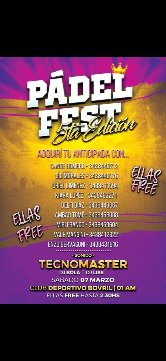 CobraMoledo's tweet photo. Hola bolicheros , este sábado en el salón del club deportivo los esperamos a todos con otra noche única . 
FESTEJAMOS EL DIA DE LA MUJER CON UNA SUPER PROMO , MUJERES FREE HASTA 2:30 .
los esperamos a todos como siempre con la mejor de la onda 🥳🥳🥳🥰🙏🐍🤴#padelfest https://t.co/uBAjKTr0Hy