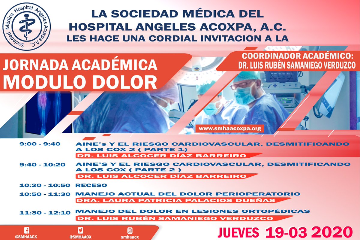 SMHAACX's tweet photo. Hola a todos
La Sociedad Médica del Hospital Angeles Acoxpa los invita a participar el Jueves 19 de Marzo en la primera Jornada Académica del año 2020 con el Modulo Dolor.

"Recuerda, la sociedad la haces tu"
⠀
#HospitalAngelesAcoxpa #JornadaAcademica #ModuloDolor https://t.co/RjUd9nmtfN