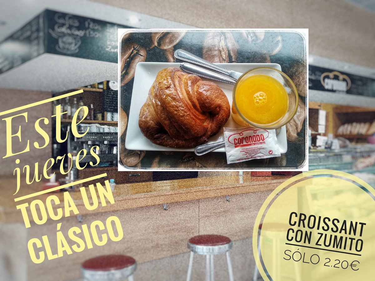 CadaCoronado's tweet photo. Este jueves toca un clásico. 
Sólo en #cafeypancoronado 
Croissant con zumito 2,20€.
*Para desayunar o merendar
*Durante todo el día de mañana
*Porque los jueves son especiales en Calle Real 72
*Ya lo sabes...😉
 
---<<<- ->>>---
#caféypan
#coronadodecadadia
#juevesespecial https://t.co/RrtrB5HcbM