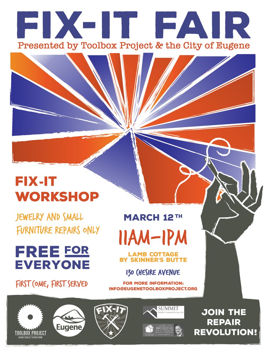 Toolbox Project is holding a Jewelry and Small Furniture Fix-It Workshop at Lamb Cottage in Skinner Butte park, March 12th from 11AM to 1PM.

First-come, First-Serve. Space is limited. 

Details:

Toolbox: eugenetoolboxproject.org

Waste Prevention fix-it: eugene-or.gov/3872/Upcoming-…