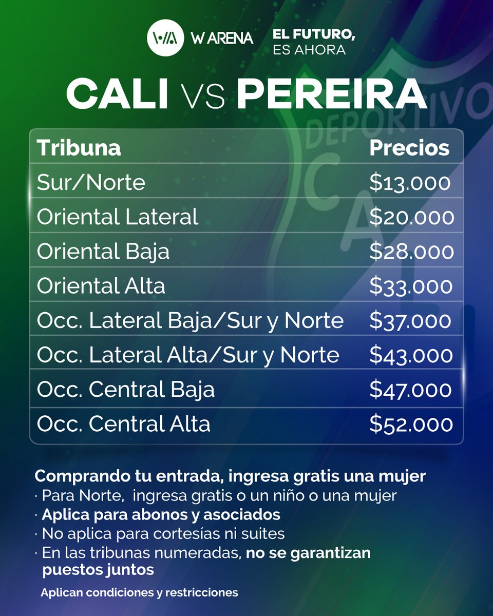 warenaoficial's tweet photo. ¡HINCHA CALEÑO!
Te compartimos los precios para el partido⚽️🥅
‼️@AsoDeporCali vs @Corpereira‼️
Compra tus entradas en todos los puntos Gane, @SuperGIROS_ o en la web https://t.co/pKEjCbAPOv
#Warena #ElFuturoEsAhora #UnBuenHinchaComparte #Futbol #Entradas #DatosW @GaneCali https://t.co/3spLqUh1vr
