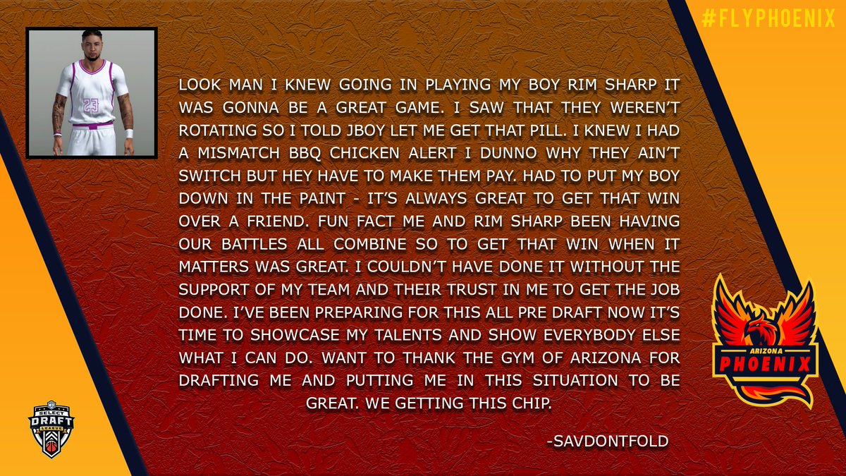 .<a href="/SavDontFold/">Sav</a> with a statement regarding his game winning shot against his good friend <a href="/RimSharpp/">Rim Sharp</a> in last night's win:

#FlyPhoenix🔥