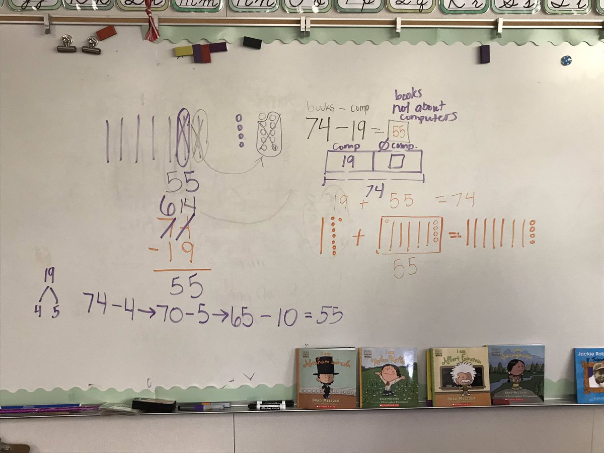 Mrs_EbertK's tweet photo. When I look back at our #cgi problem today, I am reminded how important problem solving is. 1 problem solved 5 ways-modeled in base 10, standard algorithm, mental math that the S could explain, bar model, and by addition. (I notated as Ss explained) @Hall_Hawks #cvproblemsolving https://t.co/SOf3y3cSow