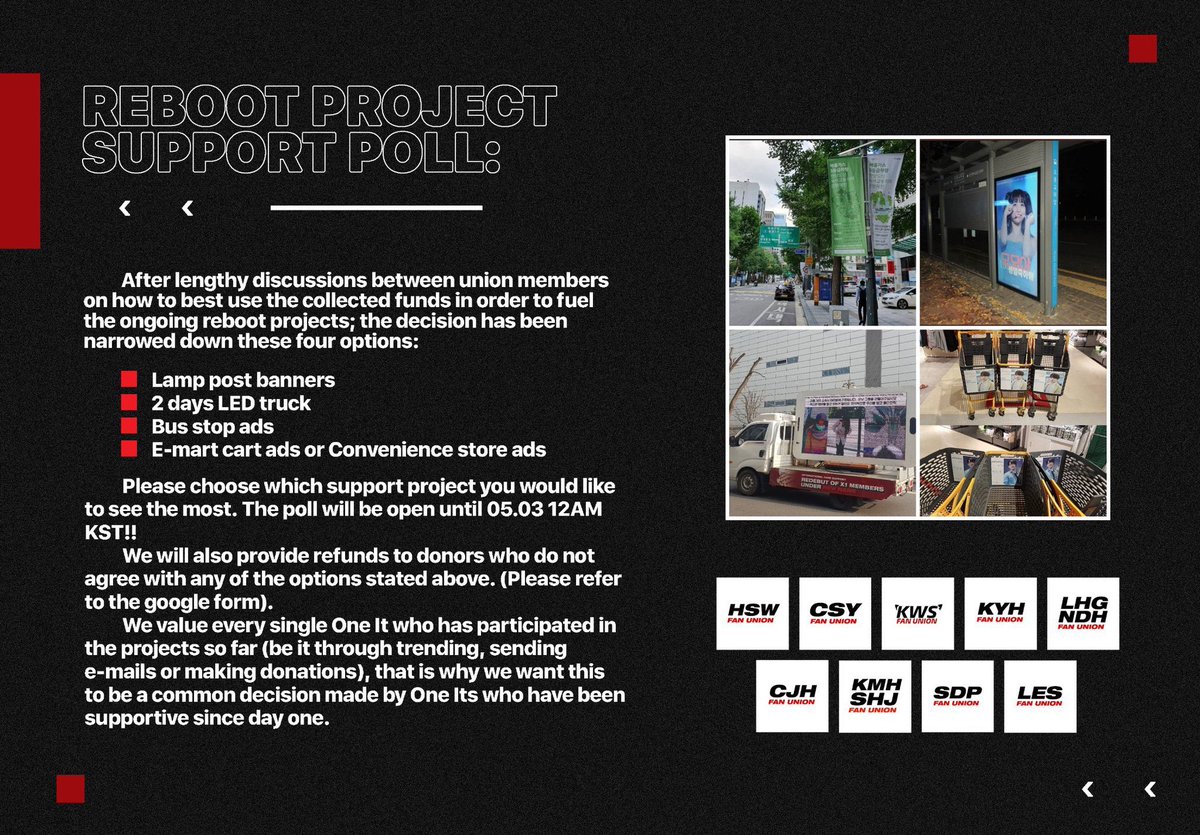 CSYFanUnion_'s tweet photo. 🔊REBOOT PROJECT SUPPORT POLL🔊
We want to you hear your opinion! Please see poster for details and vote on the poll below.
For those requesting refunds, please fill out:
https://t.co/XmZO8VT0Nm
#UnionForX1 https://t.co/TOVVqUxxsA