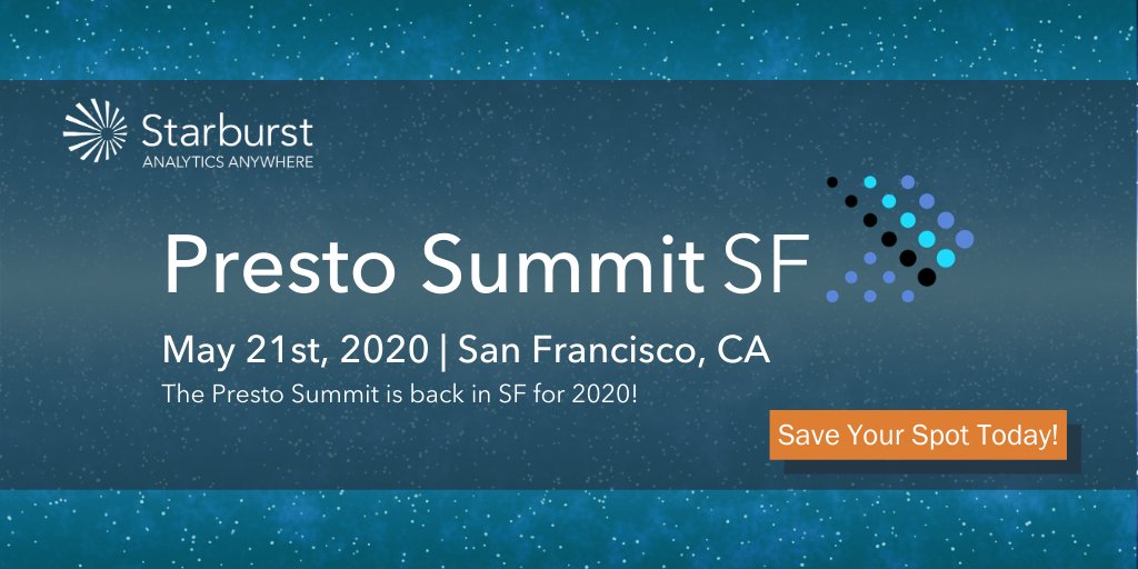 starburstdata's tweet photo. The #PrestoSummit is coming back to #SanFrancisco! Join the largest community of #Presto experts on May 21st. The first 100 registrants get a free copy of the new O'Reilly book Presto: The Definitive Guide at the event! Register today! https://t.co/GMScBPECO7 https://t.co/8BdX3cf3gC