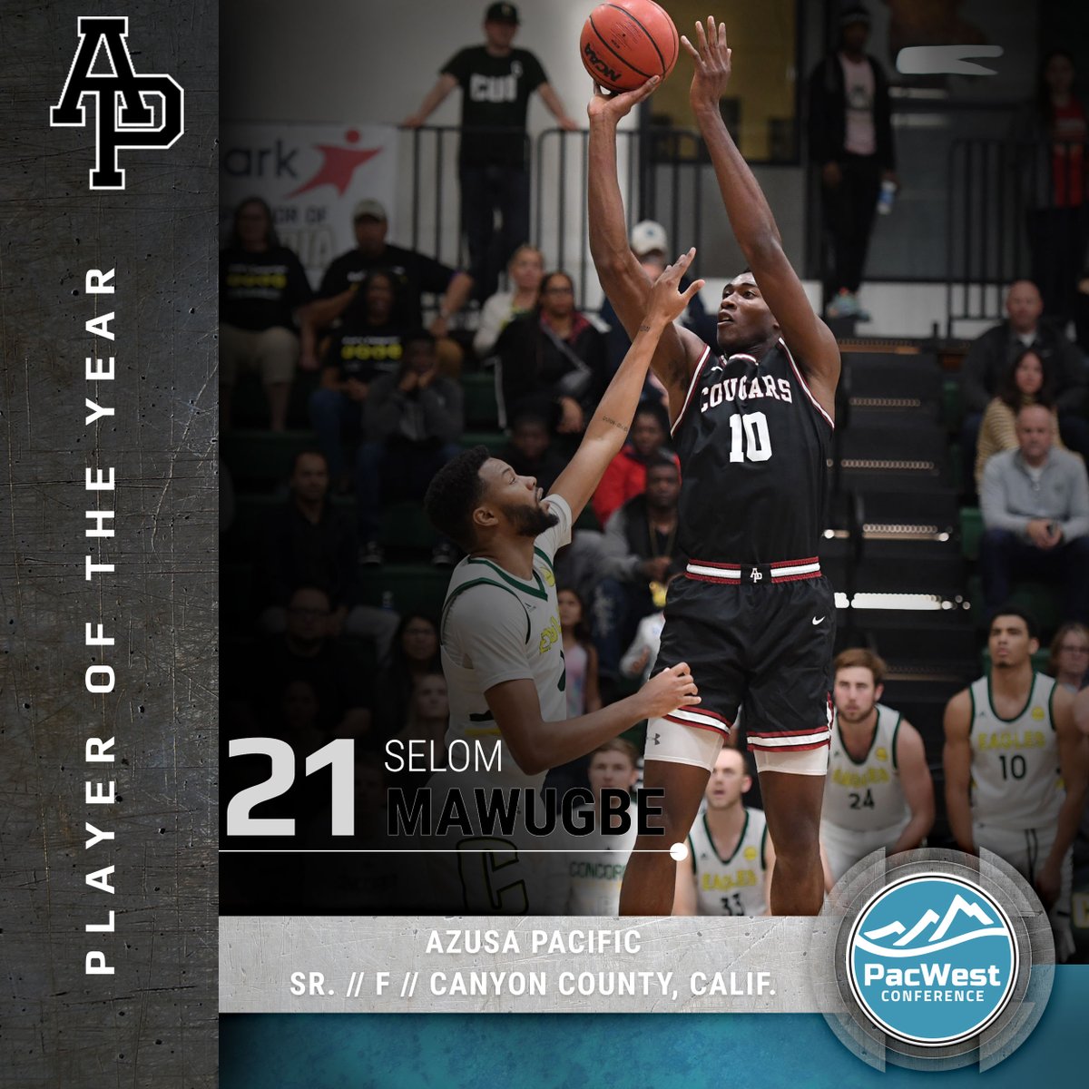 ThePacWest's tweet photo. #PacWestMBB All-Conference | Selom Mawugbe is the PacWest Player of the Year and Peter Bond is the PacWest Coach of the Year for @APUCougars which are the PacWest regular season champions. https://t.co/Mu28w8WJLJ https://t.co/1SRxR7hL6y