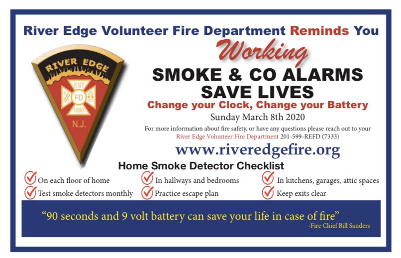 RiverEdgeFD's tweet photo. Don’t forget this weekend as we change our clocks we must change our batteries in our smoke detectors. #riveredgefire https://t.co/7MQ2Kup21X