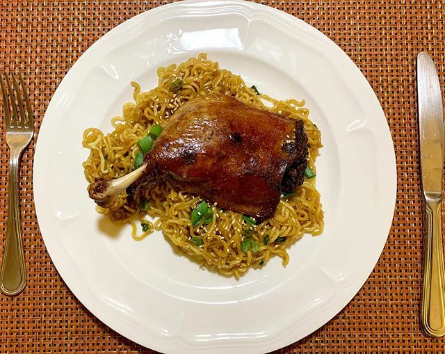 RoyalPartington's tweet photo. And dinner’s done! Asian Duck Confit with  Garlic Ginger Noodles. #duckconfit #garlicnoodles #kitchenexpeditions https://t.co/0siTBaRfZ1 https://t.co/Umjf0WGCbN