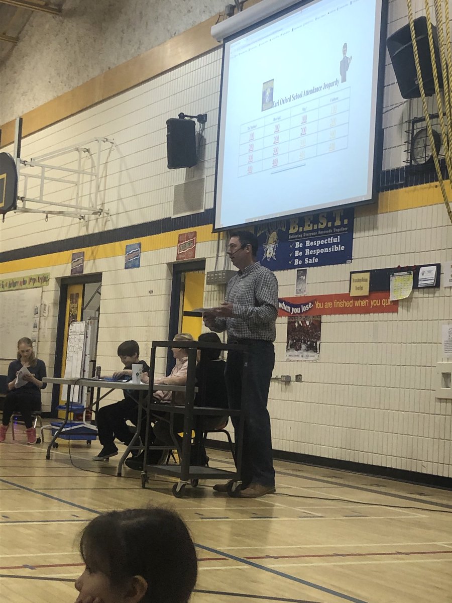 EarlOxford_BSD's tweet photo. Attendance themed Jeopardy Assembly at school today. Introduced our reward system for students and created awareness around our attendance data. #notitanleftbehind https://t.co/1USKw5Ol6z