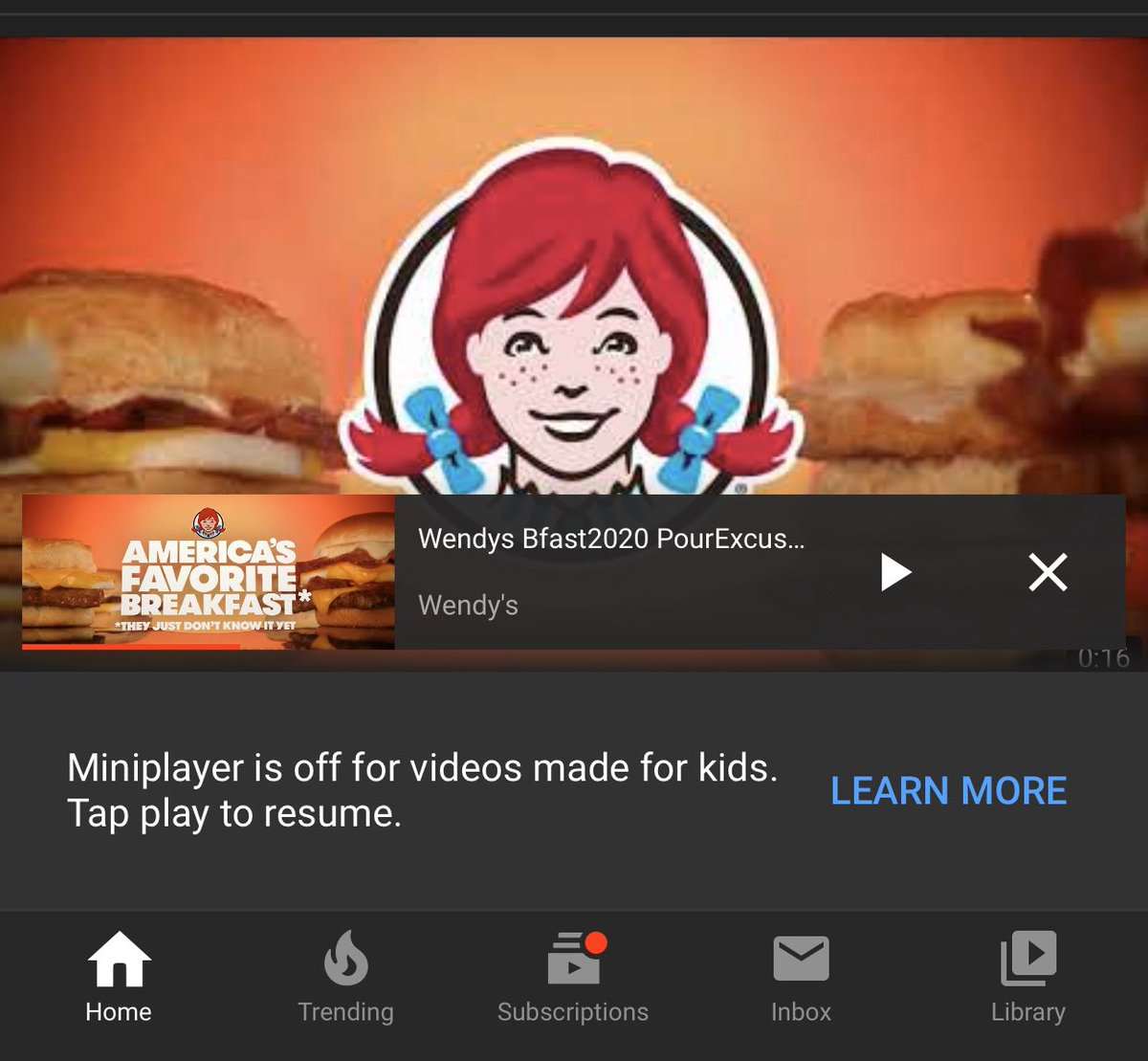 TheCriticGuru's tweet photo. Hey @Wendys I think I know where the beef is! @YouTube thinks your new breakfast sandwiches are for little kids! Lol 😂 https://t.co/SHkgmgGdSS