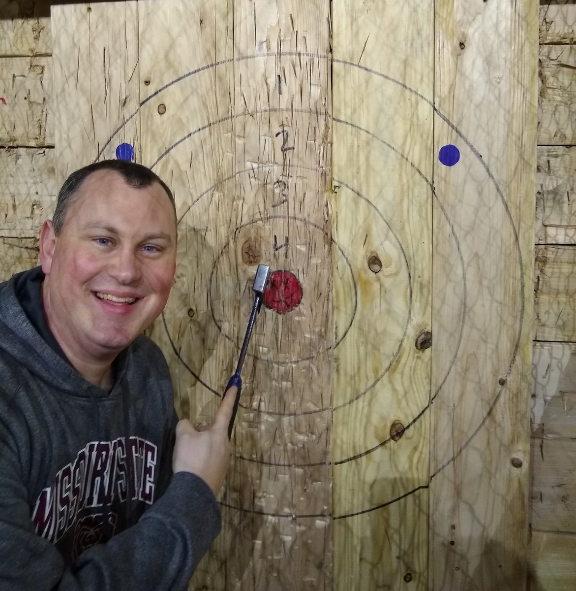 RichDameron's tweet photo. Fun times with these guys @craft__axe this afternoon. Our principal is better than yours. Thanks @Sara_Strohm! #WeAreREED #craftaxethrowing https://t.co/RluaVYCZDm