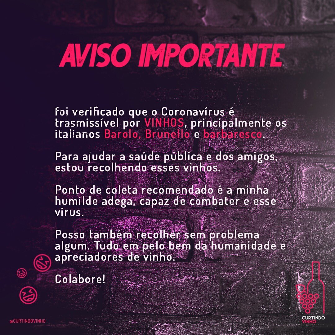 Rmarques11's tweet photo. Aviso importante 😄🍷
#vinho #wine #coronavirusbrasil #vinhos #italia #brincadeira https://t.co/n2TUOktLLm