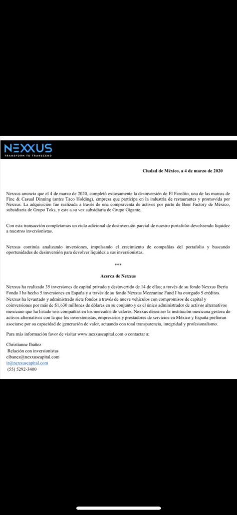 Anunciamos el dia de hoy otro ciclo más completado, la venta exitosa de la cadena El Farolito, empresa promovida a través de nuestros fondos de Capital Privado.<a href="/AMEXCAP/">AMEXCAP</a>