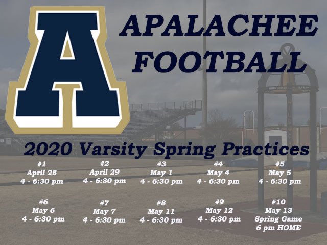 CoachTonyLotti's tweet photo. Spring football practice is right around the corner. Here are our on field practice dates @ApalacheeFB https://t.co/KeXHTn7CRo