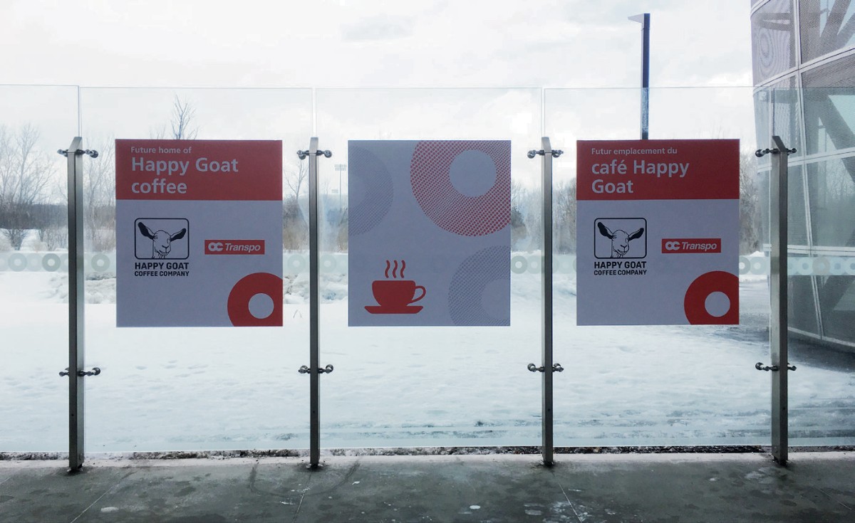 OC_Transpo's tweet photo. Something’s brewing! At Tunney’s Pasture, Rideau, Hurdman, and Blair stations you can now spot these signs indicating where @happygoatcoffee will soon be setting up shop. https://t.co/R8cpndAiij
