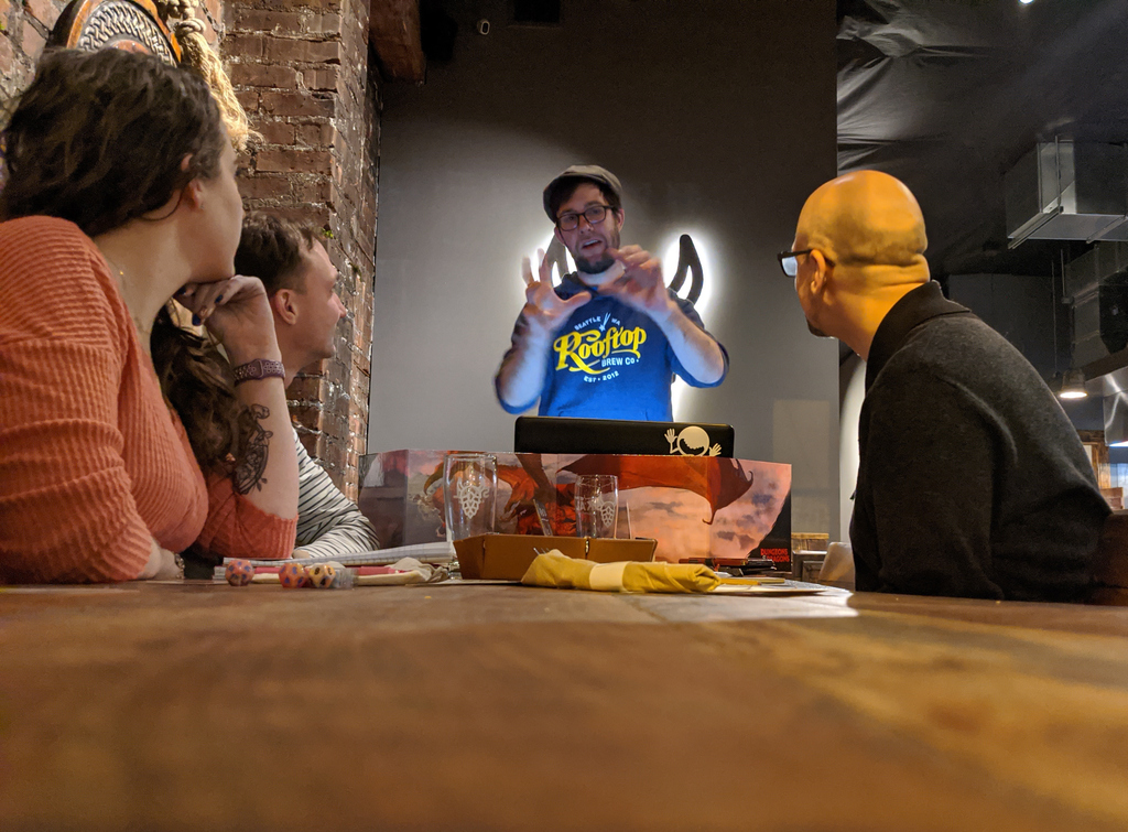 emeraldcitygmg's tweet photo. Thought we'd keep those GM action shots comin', this time with @conjurationwizard at the helm for his monthly @skalbeerhall Viking one-shot! Next one is Wed, March 18th -- grab your spot in the Meetup group! 🍻
#ECGMG #seattlednd #ttrpg #seattleevents #seattlegaming #pubgames https://t.co/H9dqHNROle