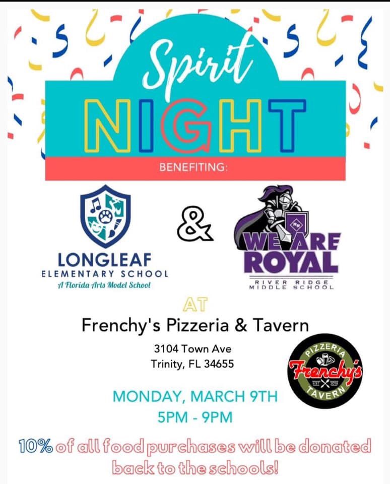 Longleaf and River Ridge are joining forces for a Spirit Night at Frenchy's! Come out on the 9th and help support TWO local schools! <a href="/RRMSRoyalKnight/">RRMS</a>