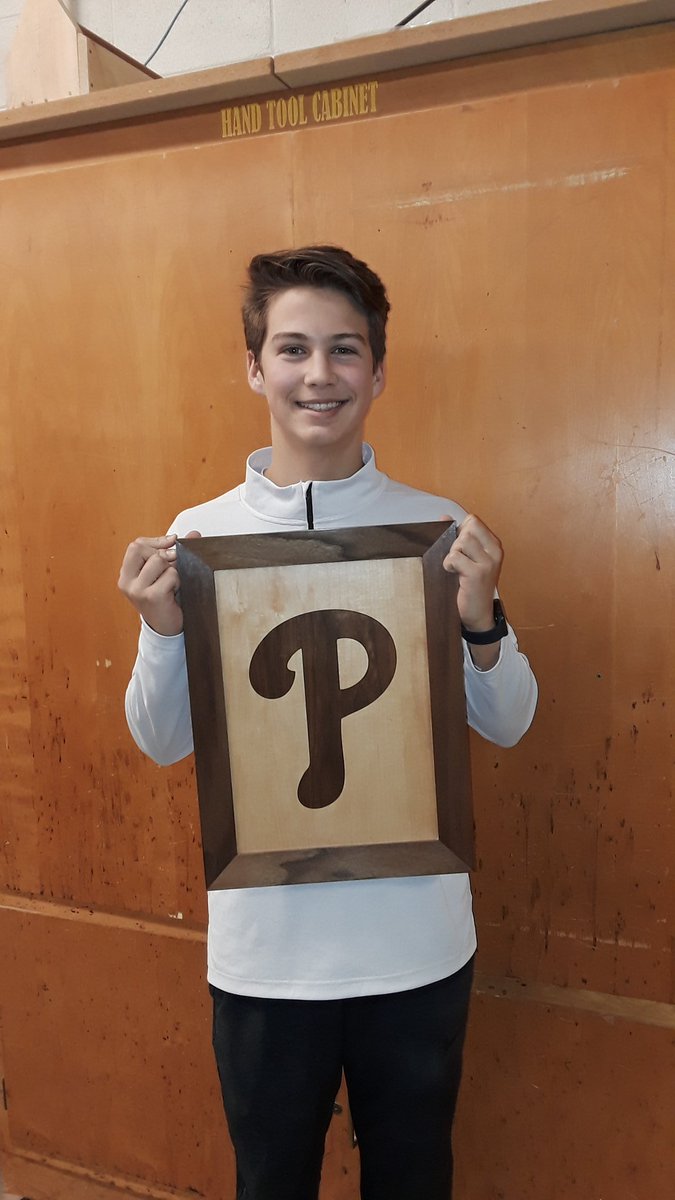 comoyer's tweet photo. @TVTEengineering Luke shows off his Phillies project with inlays and miters made in MATERIALS TECH https://t.co/rRxUpubnSV