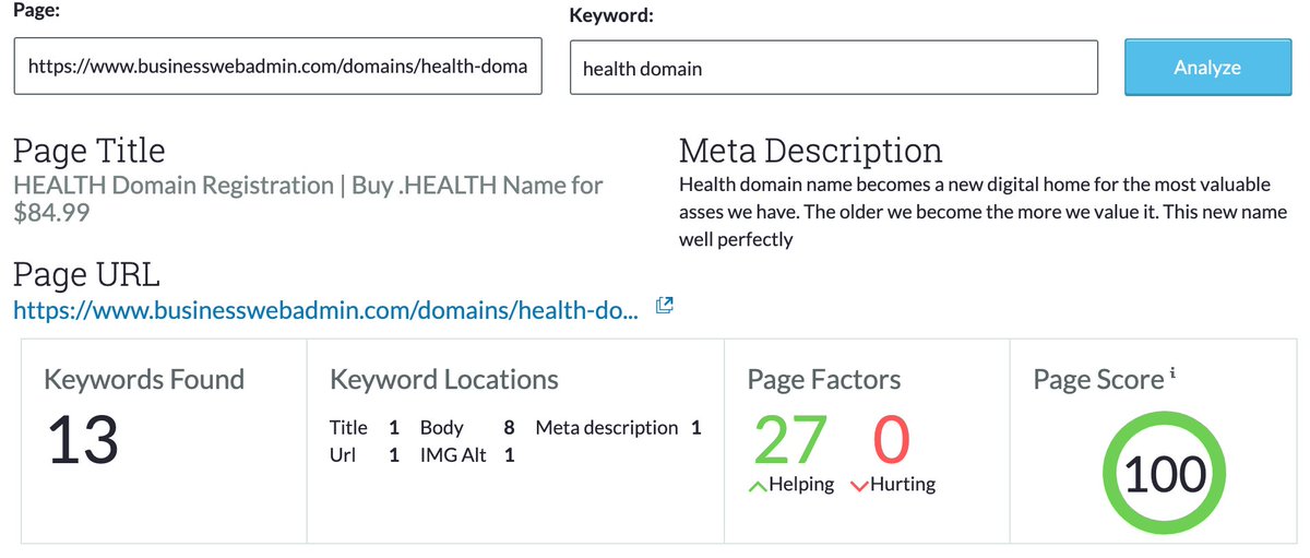 On Page SEO optimization for keyword 'health domain' achieved 100 score from 100 possible on MOZ. Business Web Admin - the best search engine optimization, digital marketing and social media management services #health #onpage #seo #moz #score #marketing