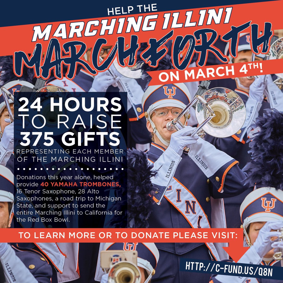 MarchingIllini's tweet photo. A little less than 6 hours to go and we are less than 100 gifts before reaching our goal! Let’s do this ILLINI! Help the @marchingillini provide the very best for @IlliniAthletics and @Illinois_Alma #MImarchforth                

https://t.co/oAgw4EGzuT https://t.co/Yd1QUtwOi7