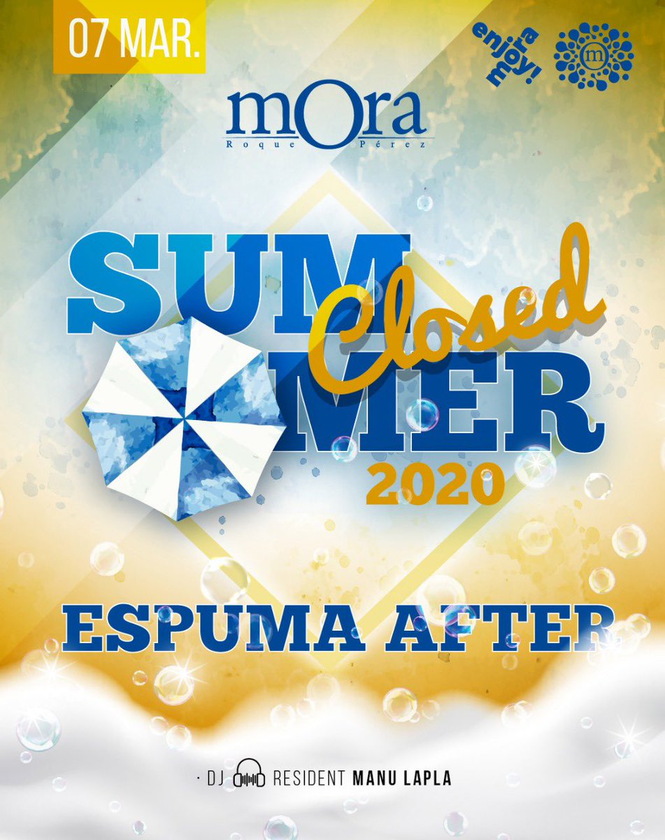 SAB.07.MAR.
🌊SUMMER CLOSED🌊.
👉🏻ESPUMA AFTER!🎉.
🎧DJ resident Manu Lapla.

📍PREVENTAS: 
Kiosco La Tribu.
Kiosco Hospital.
Kiosco Tarigo. 
*si sos de la zona comunícate por md*.
#enjoymOra
.
.
🌟SORTEO🌟.
3 FREE PARA EL SABADO!
👉🏻Rt 
👉🏻Etiquetar a un amigo.