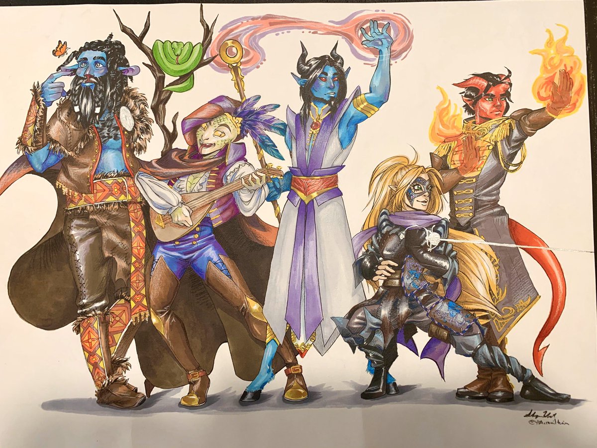 LastLadyJane's tweet photo. THE best players a DM could ask for in this FREAKIN’ GORGEOUS illustration by @y0ureviltwin!

Firbolg Druid, Maelgren: @erikmillett
Yuan-ti Bard, Itchtaka: @dplamarre
Tiefling Sorcerer, Moro: @millettant
Half-elf, Sylvi: @PocketLightning
Tiefling Sorcerer, Stuart: @guyintheroom42 https://t.co/BlANYEi1bg