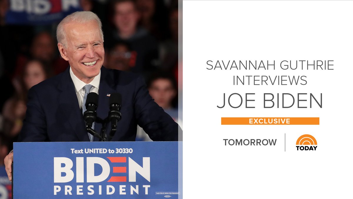 NBCNewsPR's tweet photo. EXCLUSIVE: @JoeBiden to @SavannahGuthrie in first interview since Super Tuesday: “I think the one thing the president doesn’t want to do from the very beginning is face me because I will beat him, period.”

Tomorrow only on @TODAYshow.

https://t.co/PvMqlolKA3 https://t.co/EsnAf5tEKU