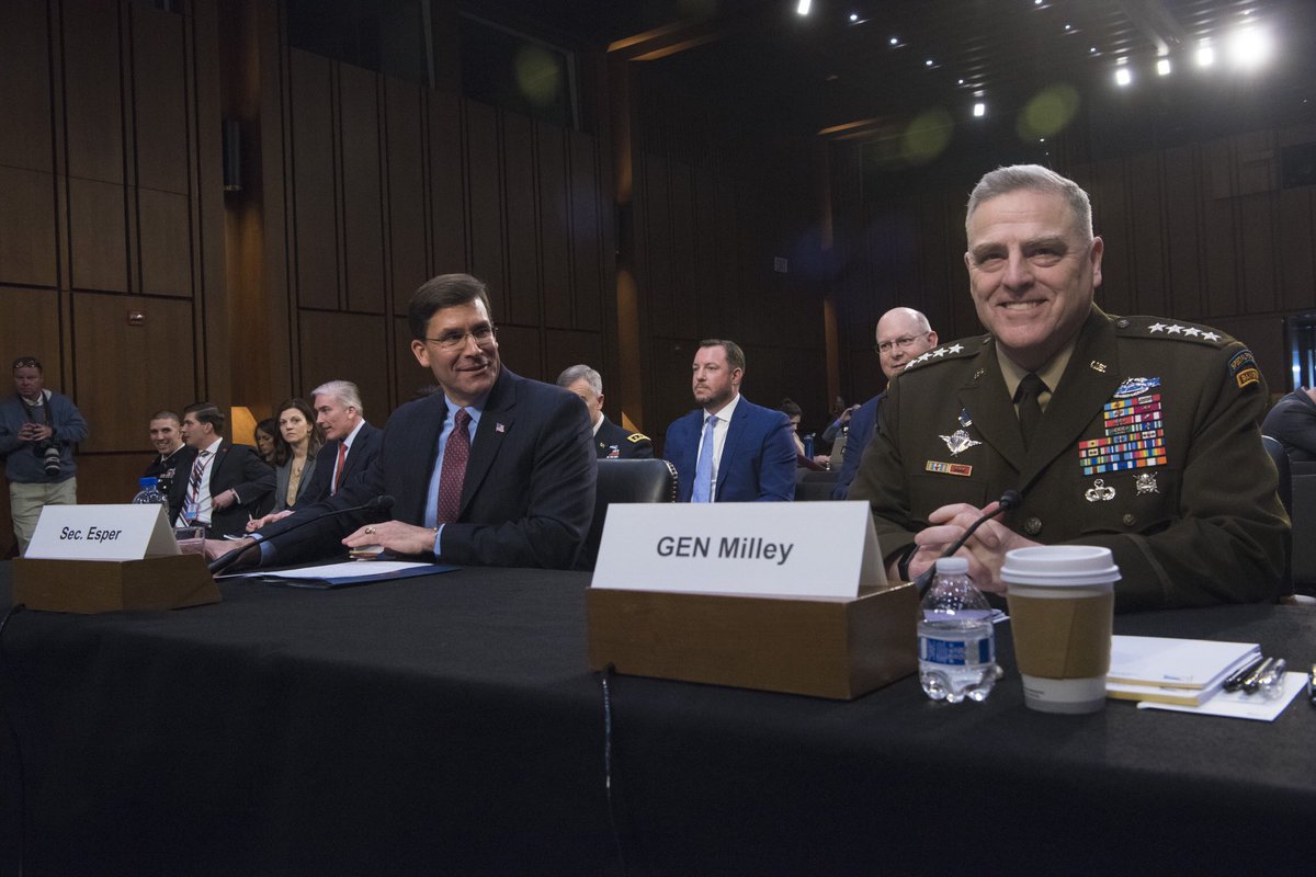 Defense Secretary <a href="/EsperDoD/">Archive: Dr. Mark T. Esper</a> and Chairman of <a href="/thejointstaff/">The Joint Staff 🇺🇸</a> GEN Miley at Senate Armed Services Budget Posture hearing today.