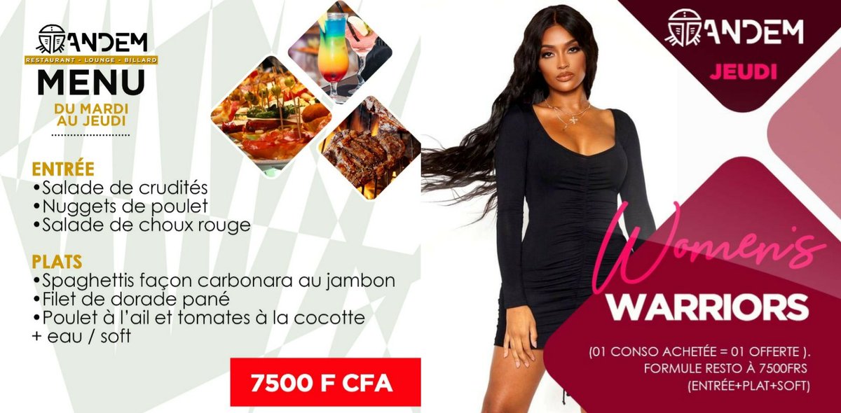 Mois de la Femme, soirée de la Femme ce jeudi au Tandem. 1conso achetée = 1conso offerte toute la soirée 🍸🍹 Menu à 7 500 frs #Tandem #Kebetu #Dakar #KaayÑuDemTandem
